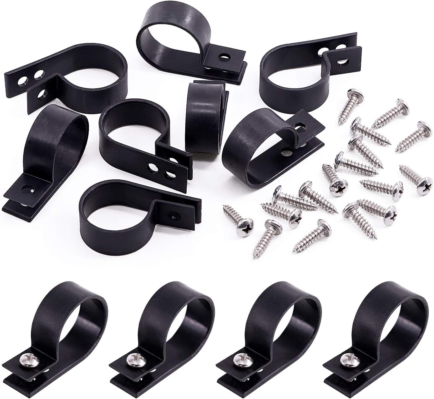 Swpeet 60 Pack Black 1 Inch Nylon Plastic R-Type Cable Clips Clamp Kit, Nylon Screw Mounting Cord Fastener Clips with 60 Pack Screws for Wire Management