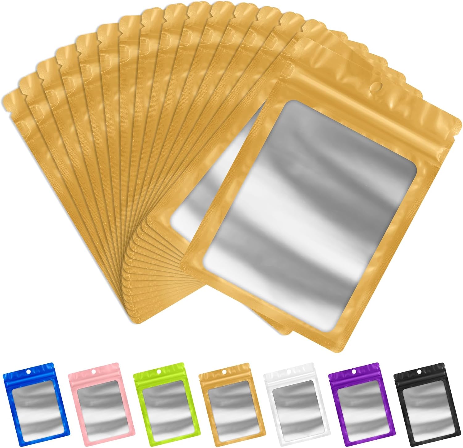 FUNFERY 100 Pack Mylar Resealable Bags Foil Packaging Bags with Clear Window,Zipper Pouch Smell Proof Bag for Food Storage,Cookies,Sample,Small Business(Gold,2.4x3.9inch)