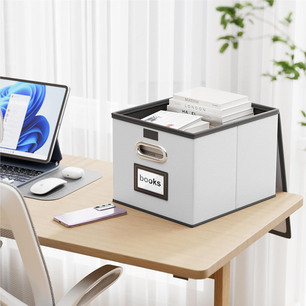 Huolewa File Organizer Box with Lid, Collapsible Faux Leather Hanging File Folder Box Organizer with Plastic Slides, Decorative Home/Office Filing System Boxes for File and Folders Storage