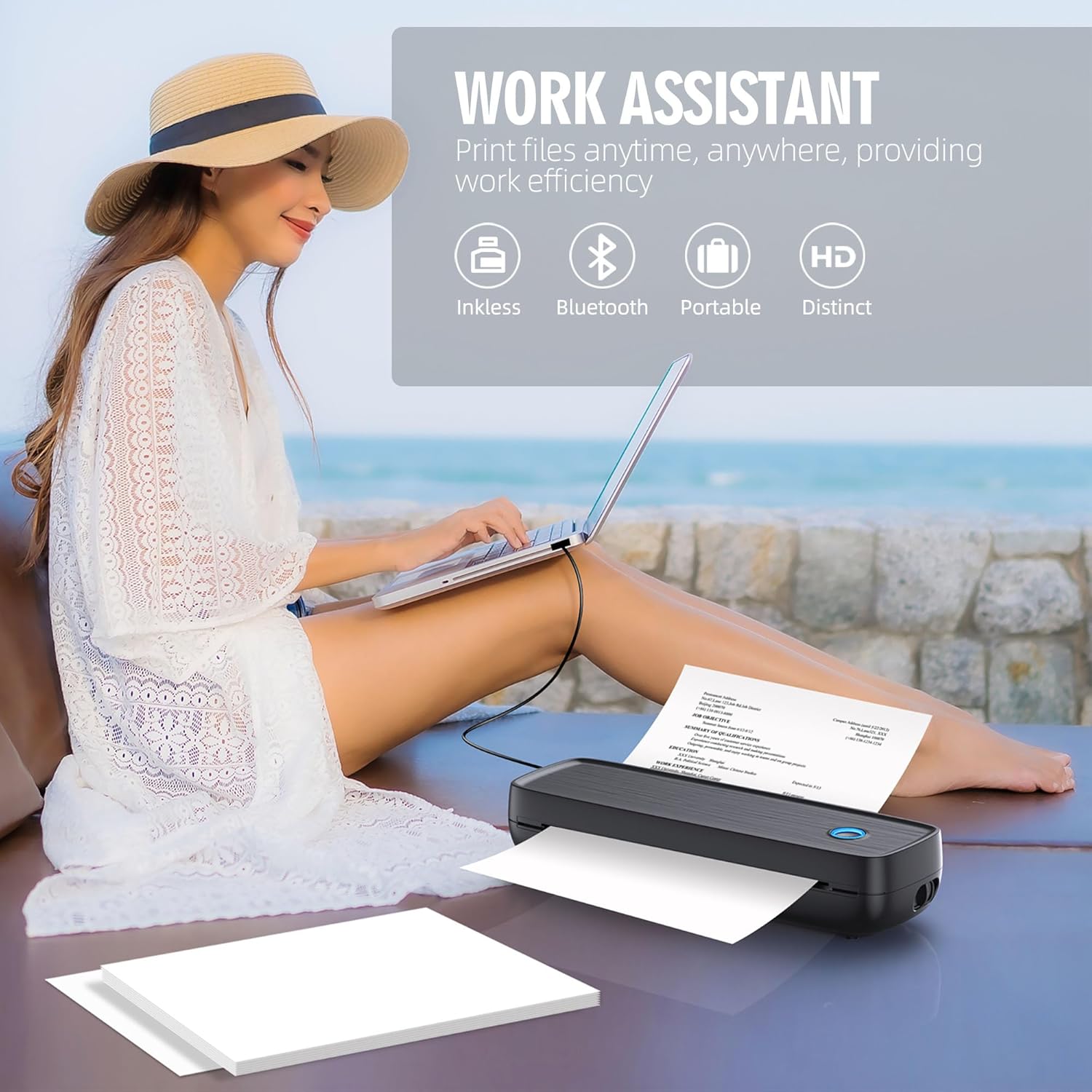Portable Wireless Printer for Travel, High Resolution Inkless Mini Thermal Print, 4200mAh Battery, Bluetooth & USB (A4, A5, Letter, Legal) Compatible with Android and iOS Phone&Laptop,Black