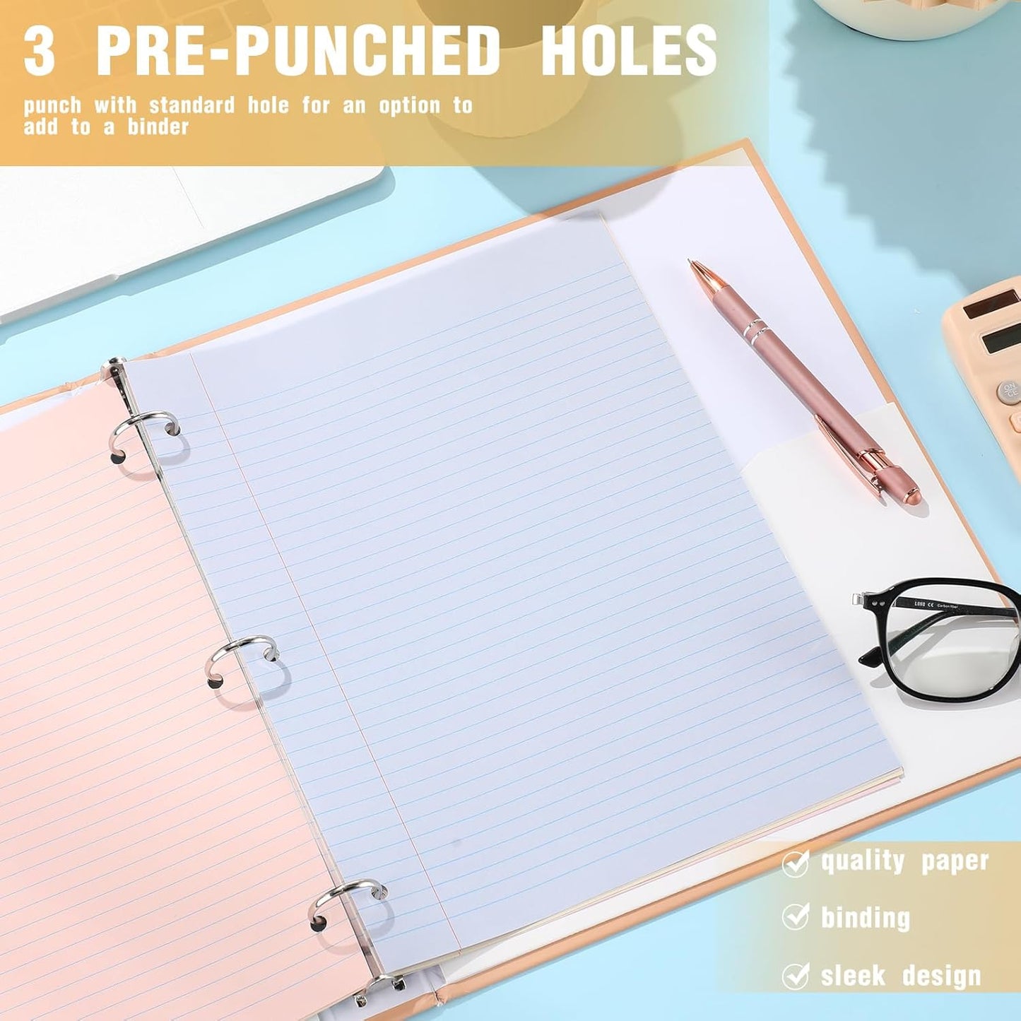 PerKoop 600 Sheets Colored Loose Leaf Paper 8.5" x 11" college ruled Lined 3 Hole Punched notebook Filler Paper for 3 Ring Binders Office School Supplies (Aesthetic Color)