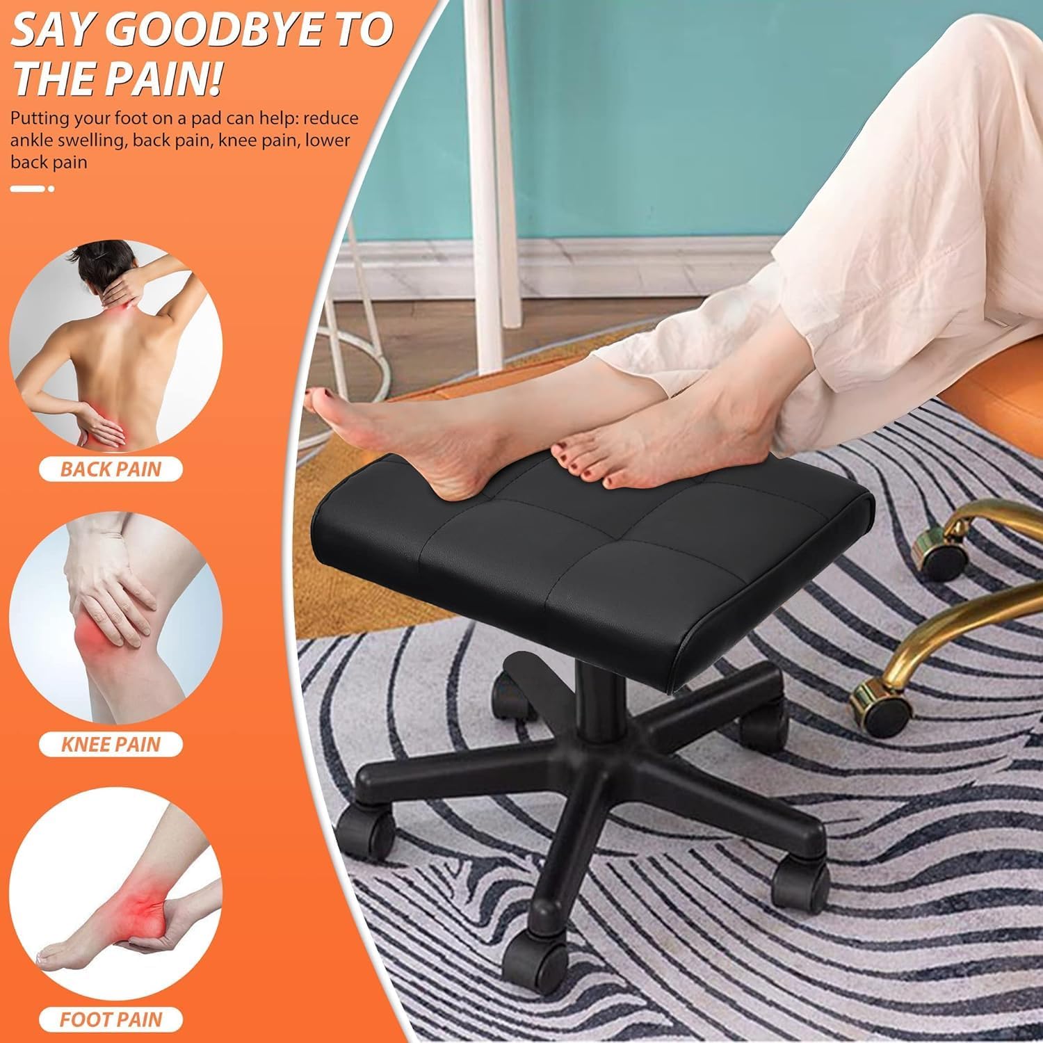 Footrest Under Desk Leg Rest Ottoman Adjustable Height Foot Stool with Wheels Leather Footrest