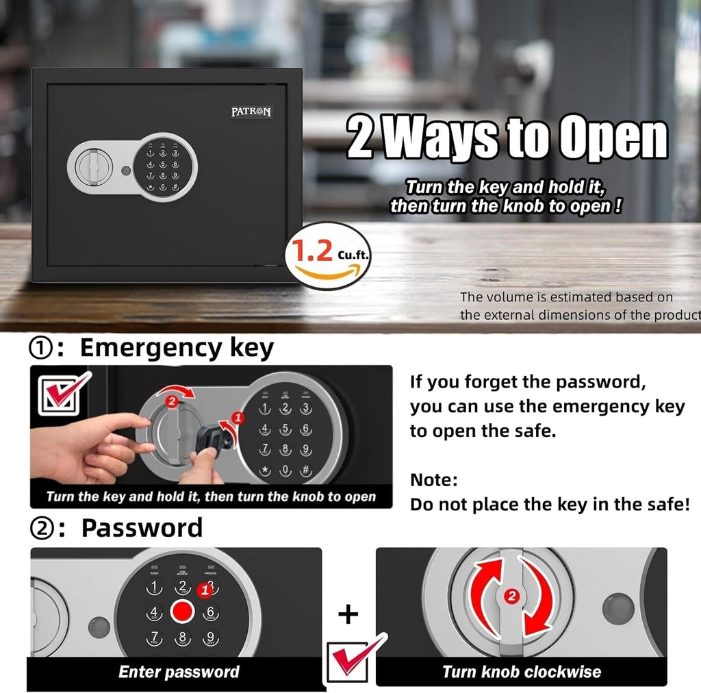 [ 1.2 Cu.ft. ]PATRON Fireproof Safe for Home,Digital Security Home Cabinet Safes for Money Cash Documents,Safe Box with Electronic Keypad,Removable Shelf for Office Business 1.2 Cu.ft.