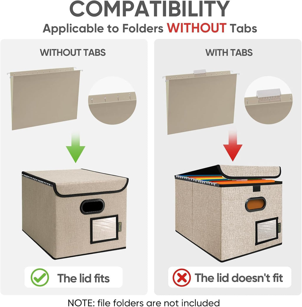 BALEINE File Organizer Box with Lid, Collapsible File Folder Organizer with Plastic Slide, Hanging File Folder Box for Office Document Storage (2 Pack, Beige)