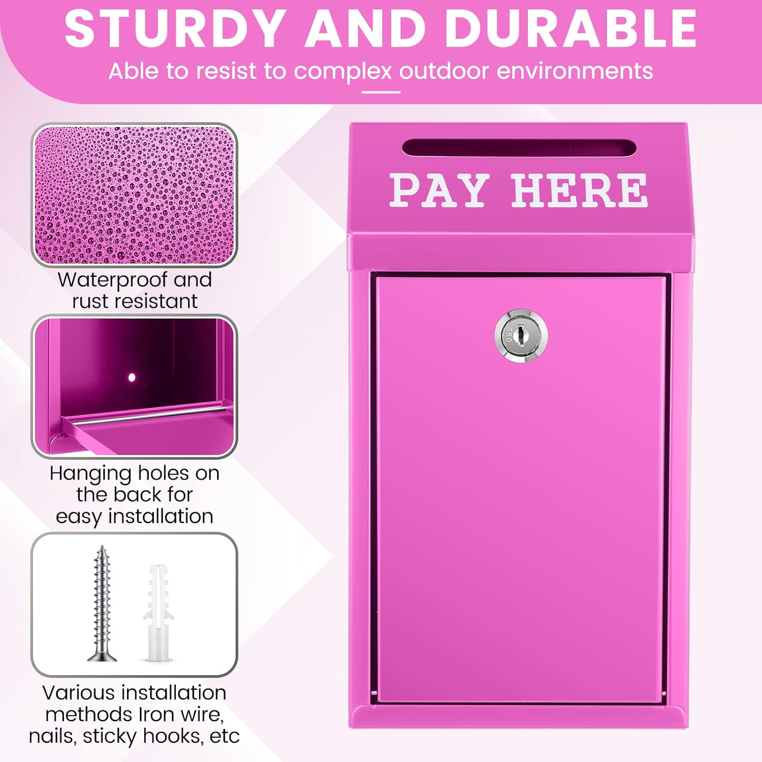 Safe Cash Box Money Collection Metal Donation Box with Lock Wall Mount Pre Drilled Mailbox Delivery Ballot for Home Office Outdoor Self Serve Stand(Rose Red,10.2 x 5.7 x 2.8 Inch)