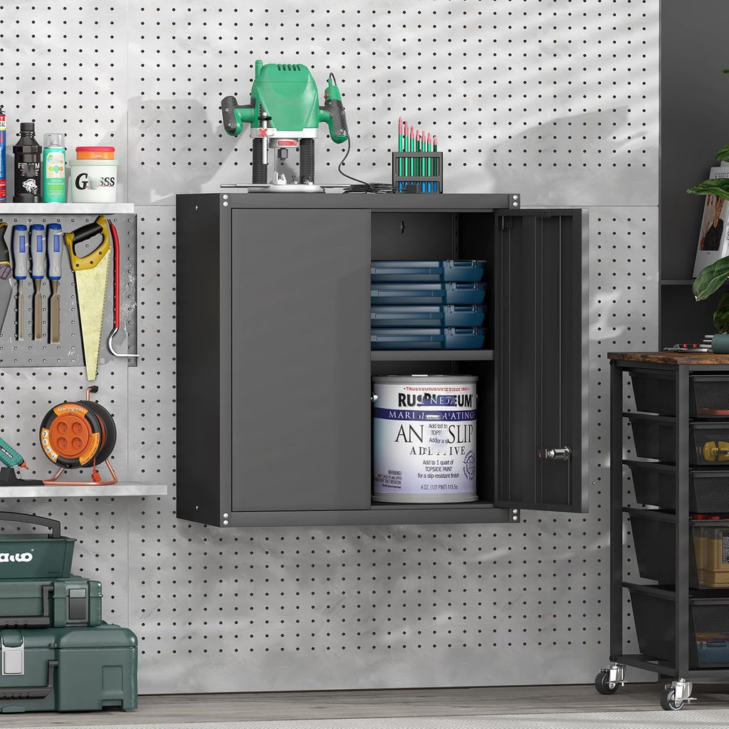 GREATMEET Metal Garage Storage Cabinet with Lock, Metal Wall Cabinets for Garage, Wall Mount Cabinet, Upper Cabinets Wall Mounted, Utility Cabinet with Adjustable Shelf, Black