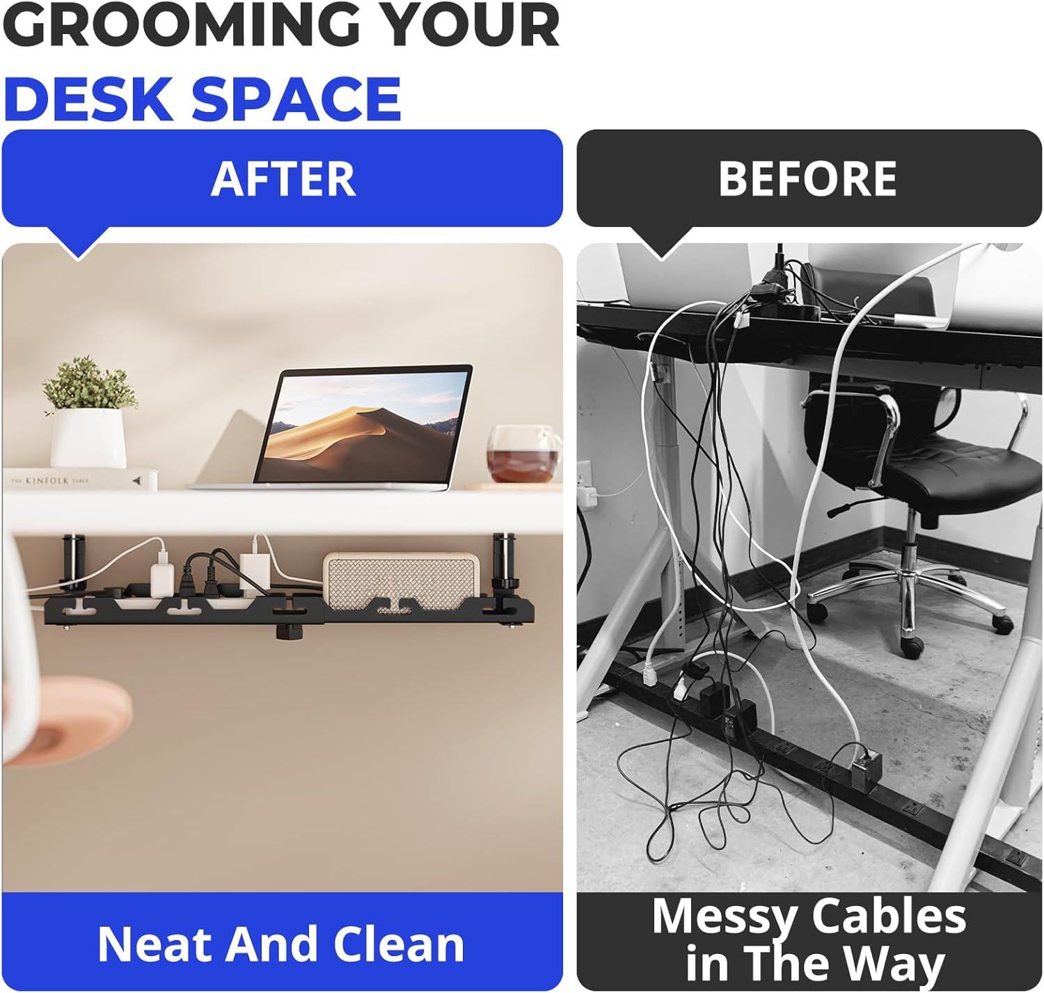 Under Desk Cable Management Tray Black Extendable 15.7"- 29.1" Metal Large Capacity Cable Management Kit No Drill Cable Management Box Cord Organizer for Desk Wire Management Cable Basket