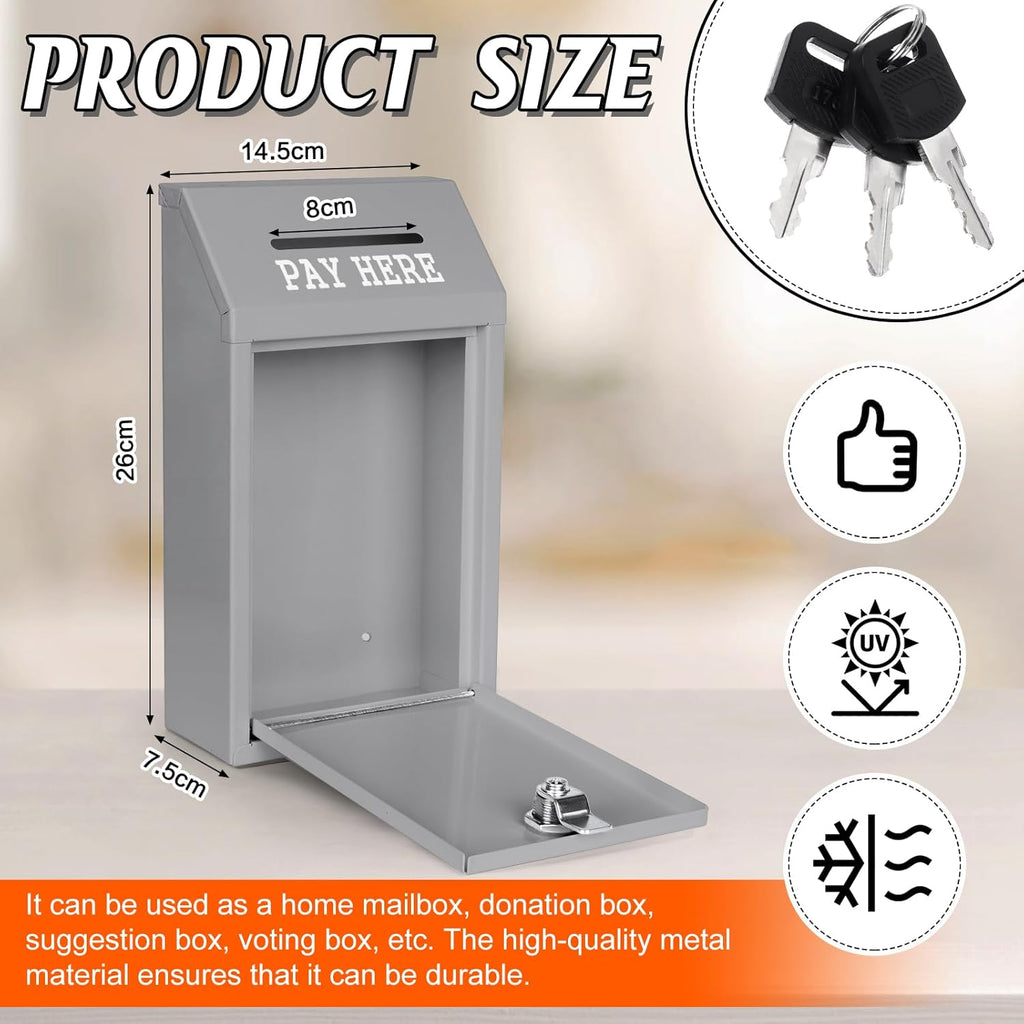 Metal Donation Box Collection Safe Suggestion Box with Lock Wall Mounted Mailbox Delivery Ballot Case Key Drop Case for Home Office Outdoor Door (Grey, 10.24 x 5.71 x 2.95 Inch)