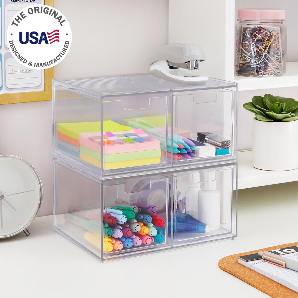 STORi Chloe Space-Saving Clear Drawer Organizer (4 Tall Drawers) Sort Office, Kitchen, Beauty Supplies, Makeup, Pens, Jewelry, Stationary, Made in USA