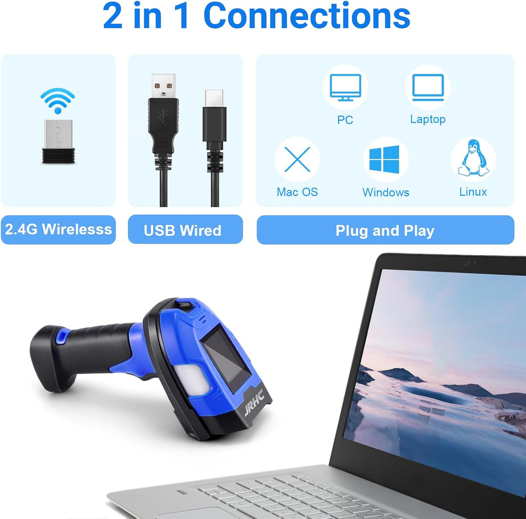 Barcode Scanner Industrial, Wireless 1D Laser Bar Code Scanners 2 in 1 Plug and Play Rugged Heavy Duty & IP65 Waterproof, Long-Distance Wireless Handheld Barcode Reader with 1.8" Screen
