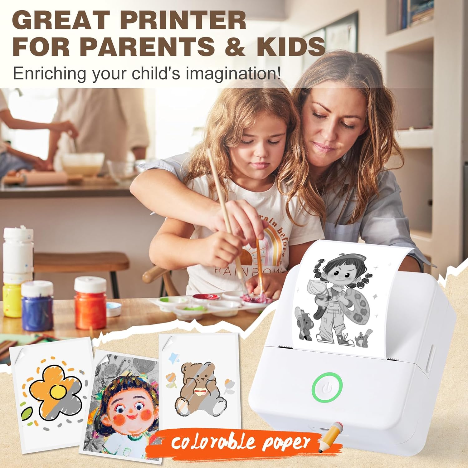 Print Pods Mini Printer, Thermal Inkless Sticker Maker with 10 Rolls Printing Paper, Pocket Printpod for phone, Impresora Portátil for Notes, Flashcards, Journal, DIY, Compatible with iOS & Android