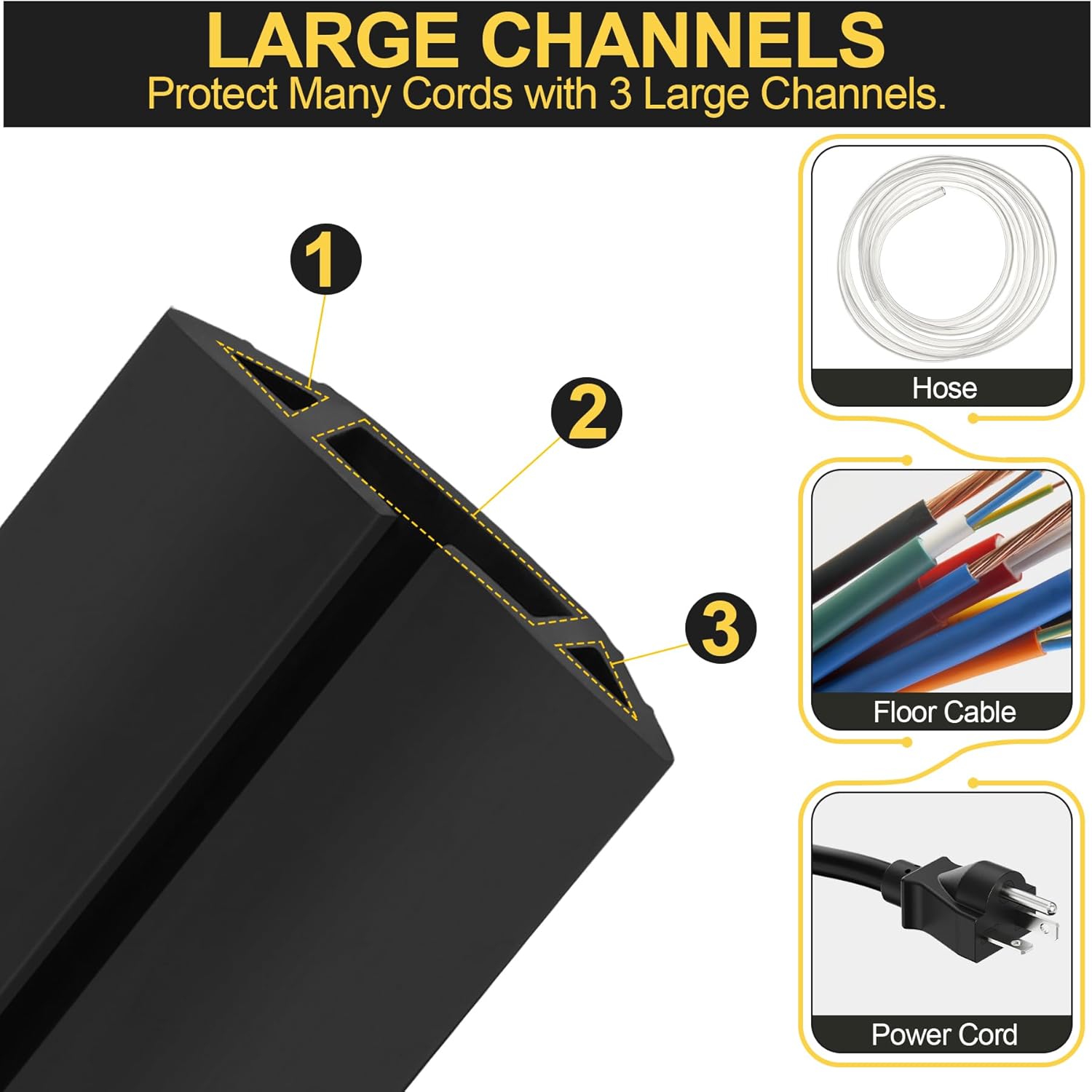 MYFAMIREA 4FT Floor Cord Cover Heavy Duty Cable Cover Protector with 3 Channels Extension PVC Floor Wire Cover Outdoor Cord Hider Management Cord Cover for Wire on Floor for Home Office Outdoor, Black