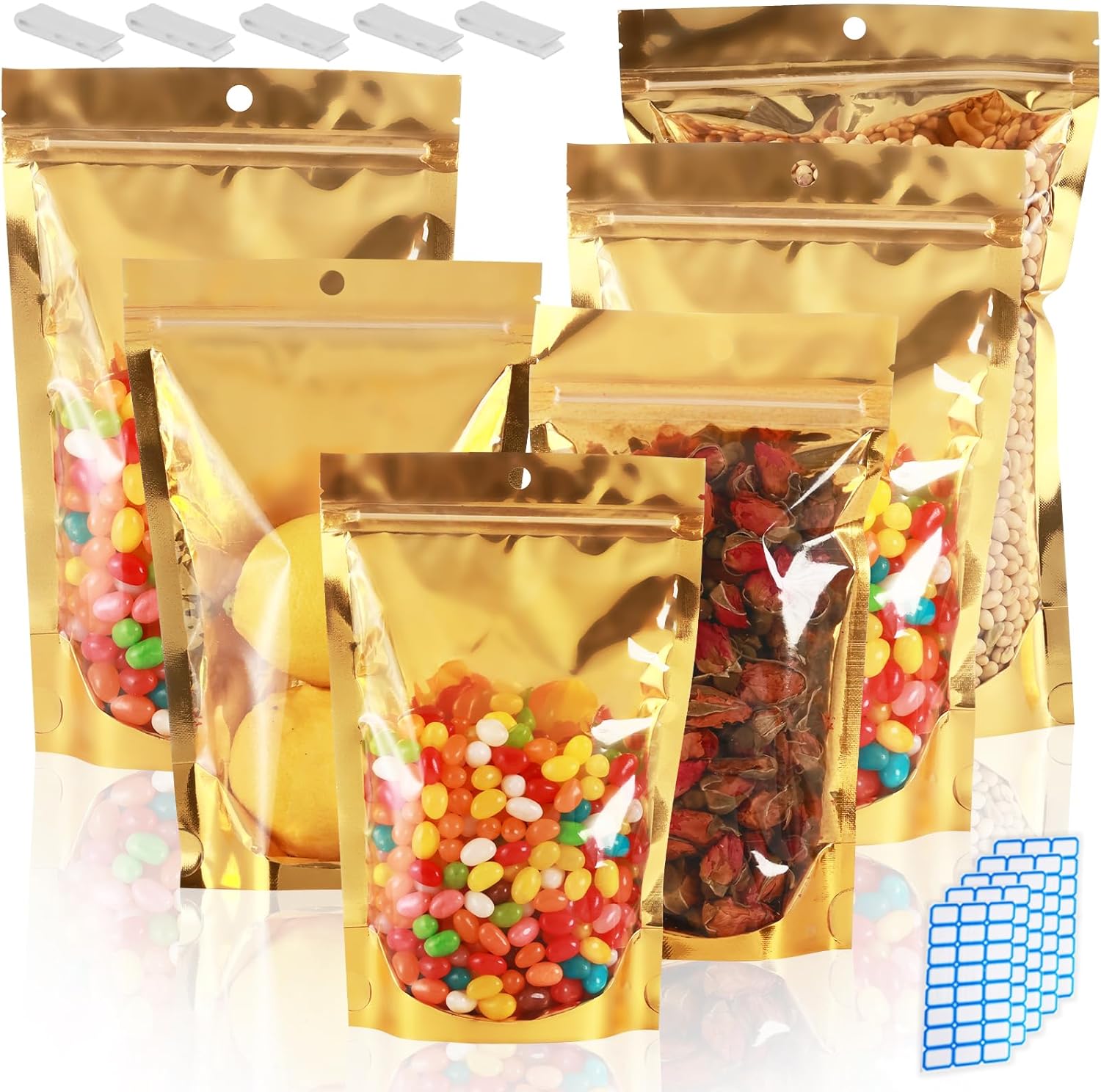200 Pcs Mylar Bags for Food Storage, 7x10 Mylar Bag with Window Stand Up, Bulk Holographic Resealable Bags Smell Proof Bag Food Packaging for Small Business Freeze Dried Candy Jewelry Foil Packaging