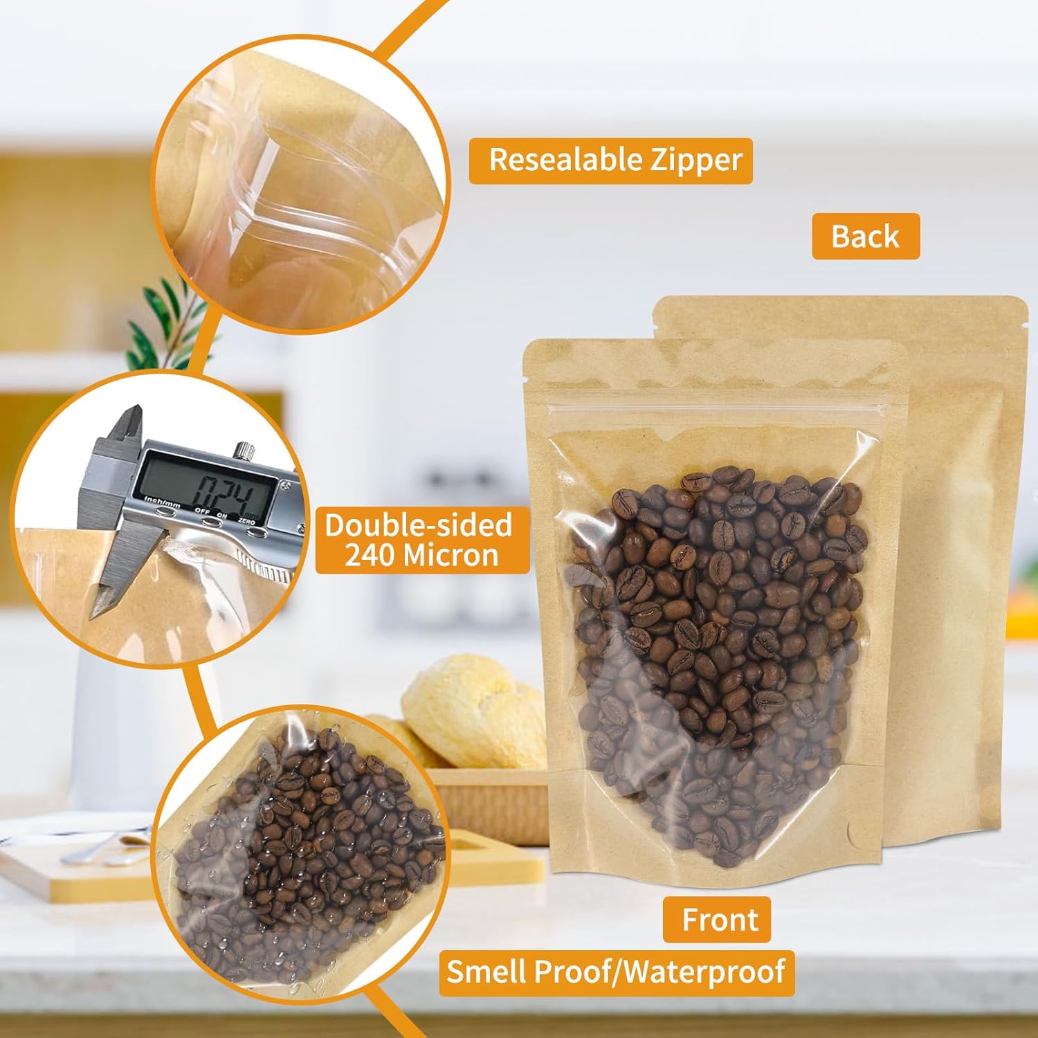 100 PCS Resealable Bags, Stand Up Kraft Bags with Window Clear Front Pouches, Zipper Lock Food Storage Bags 6.29×9.44 Inch Reusable Sealable Bags for Packaging