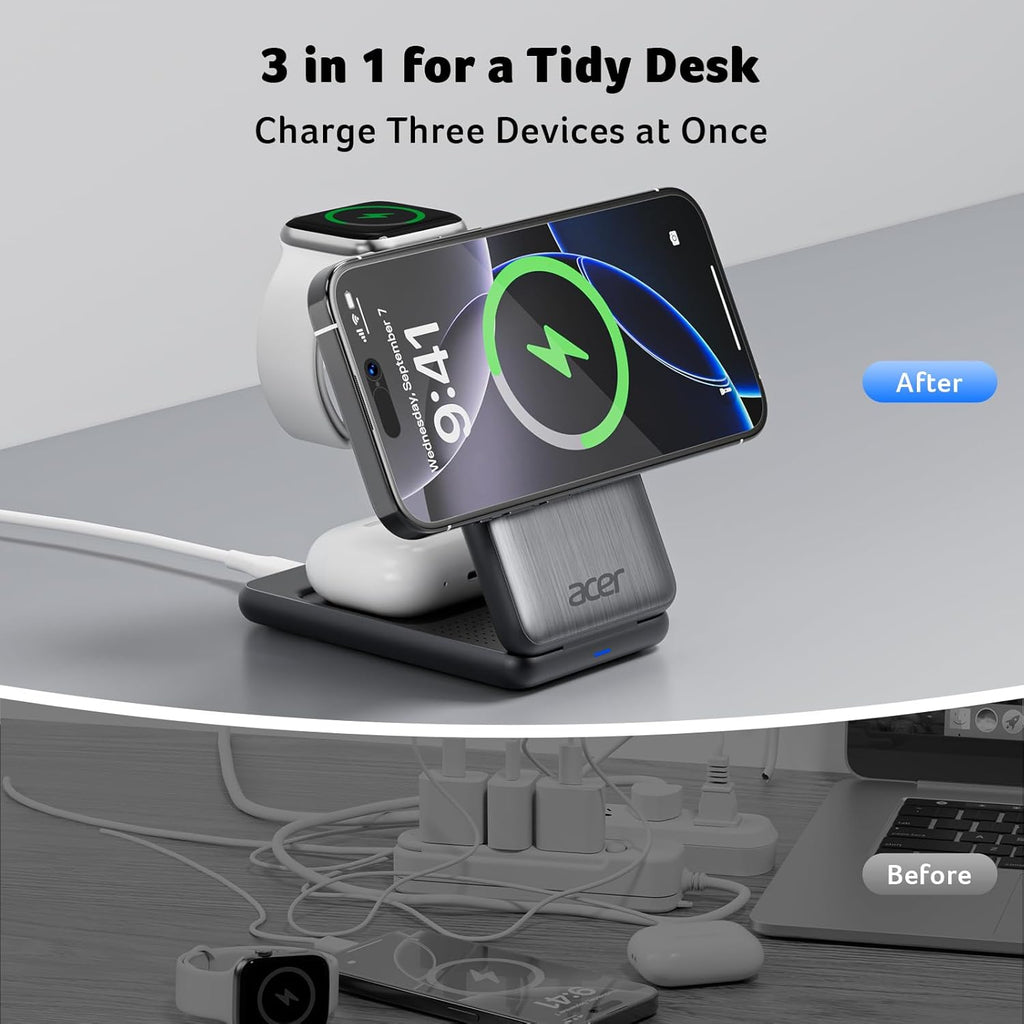 Acer Magnetic Wireless Charger, 3 in 1 Wireless Charging Station, 15W Fast MagSafe Charger for iPhone 16 15 14 13 12 Series -Apple Watch 10 9 8 7 6 5 4 3 2 SE and Ultra Series-Airpods 4 3 2 Pro Series