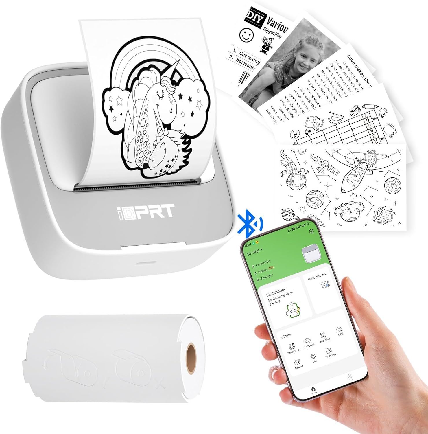 iDPRT Mini Sticker Maker Portable Printer with 1 Roll Sticker Paper - Bluetooth Inkless Printers for Study Notes, Pictures, DIY, Label, iOS & Android Free App with Multiple Templates, Grey