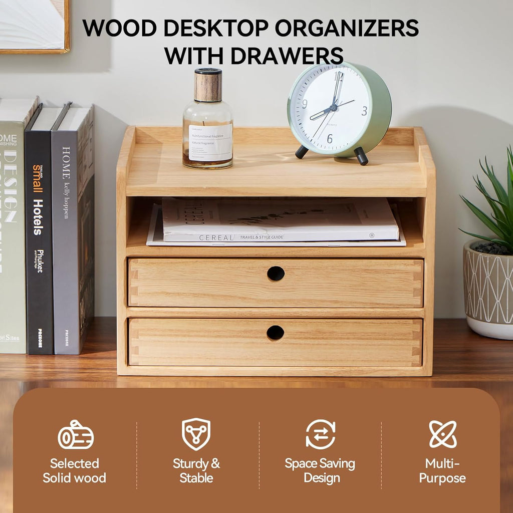 KIRIGEN Desktop Organizer with 2 Drawers and Tray - Wood Office Desk Storage Shelf for Office Supplies - Small Cabinet for Countertop Accessories Storage 3 Layer Natural（DT3D2C-NA）