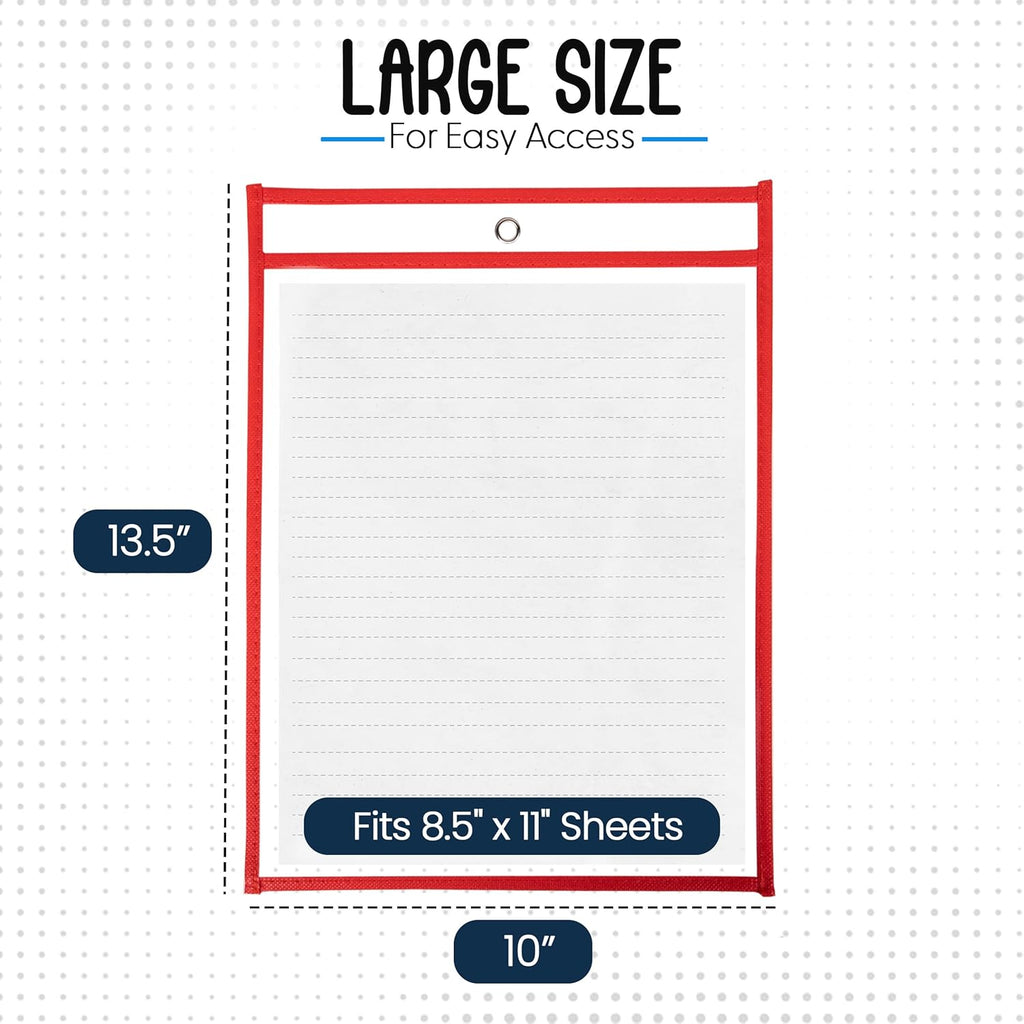 Essex Wares - 6 Pack, Red, Dry Erase Pocket Document Protectors, 10" Wide x 13.5" Tall - Clear Plastic Sleeves - Reusable & Easy Erase Plastic Invoice Holders, Water-Resistant & Durable