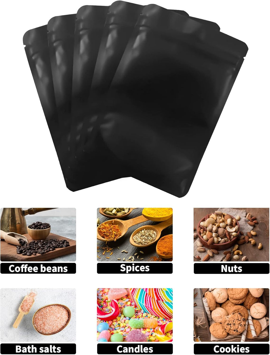 100 Pack Resealable Stand Up Bags,5.5" x 8.6" Smell Proof Pouch Sealable Foil Pouch Bags for Packaging (Black)