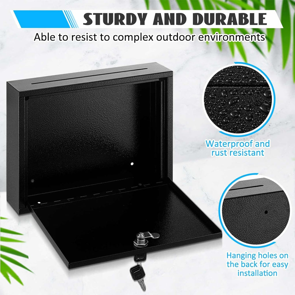 Metal Donation Box Suggestion Box with Slot and Lock-Cash for Money-Waterproof Drop Comment and Ballot Voting for Easy Wall mounting(Black,12 x 10 x 3 Inches)