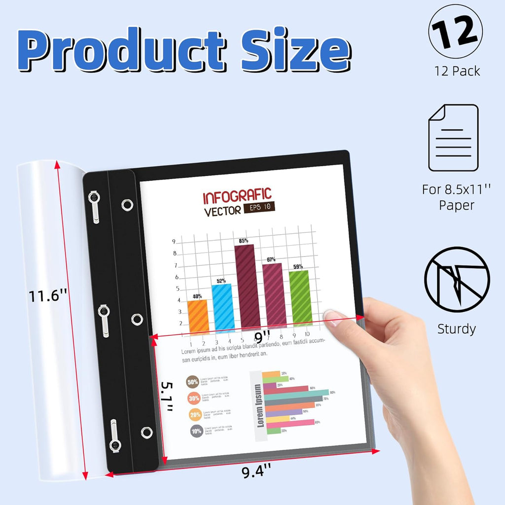 HAUTOCO 12 Pack Plastic Report Covers with 3-Prong Fasteners Clear Front Resume Portfolio Folder for 8.5x11 Letter Size Paper, Presentation Document Report Folders for Office School Use, Black
