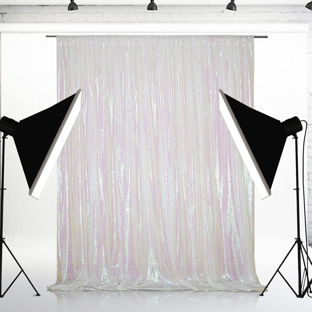 Eternal Beauty White Iridescent Sequin Backdrop, 6x6 Ft Glitter Background Curtains for Shimmer Photography Party Wedding Birthday Back Drop Decor