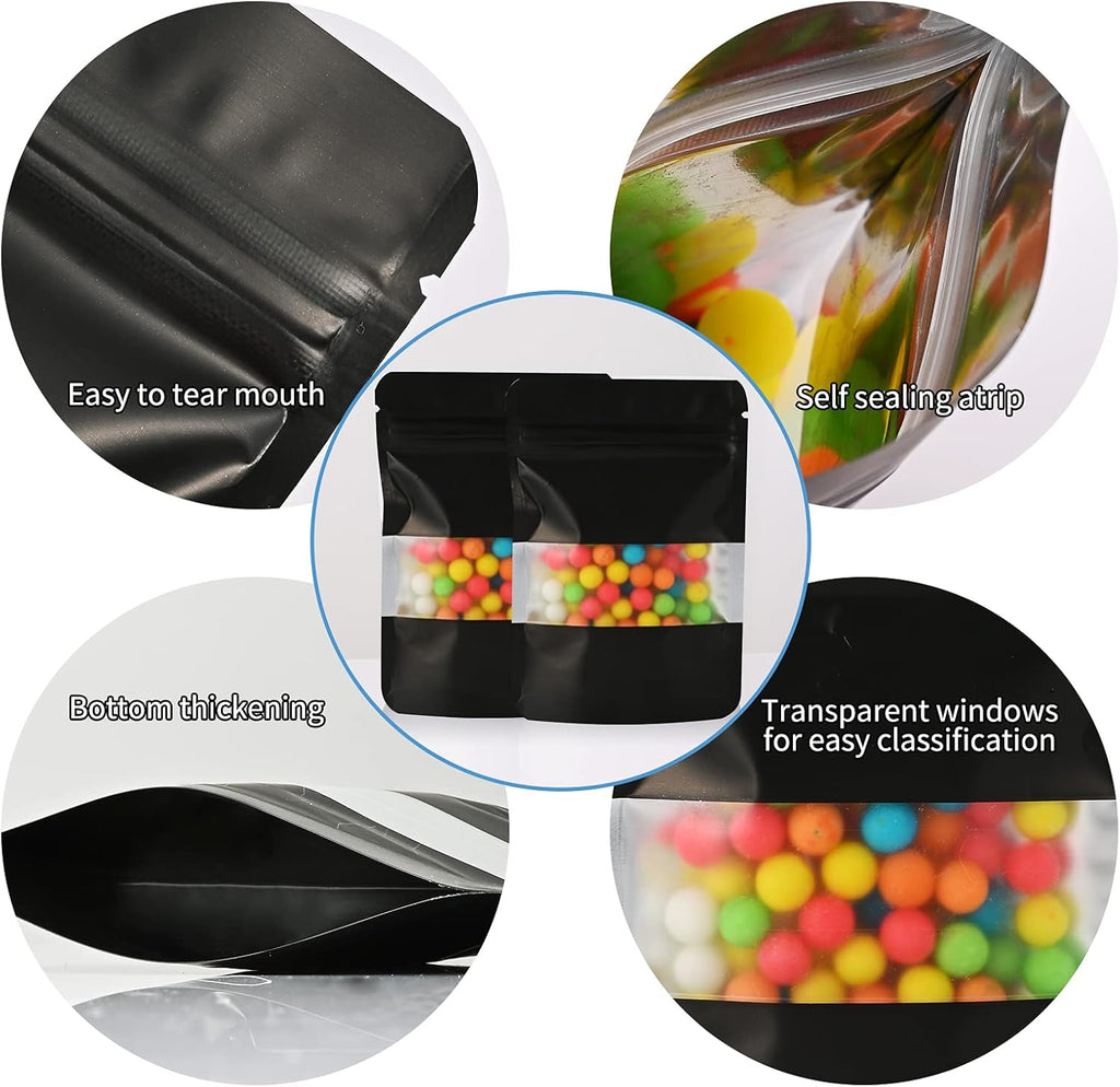100 Pieces Smell Proof Mylar Resealable Food Storage Bags With Clear Window, Foil Pouch Stand-up for Self Sealing Supplies (Black, 4.7 x 7.8 Inch)
