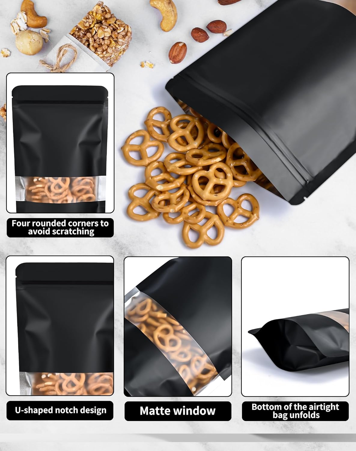 FireKylin 100 Pack Smell Proof Bags 5.5" x 7.8", Resealable Bags with Matte Window, Foil Pouch Stand Up Sealable Bags for Packaging（Black）