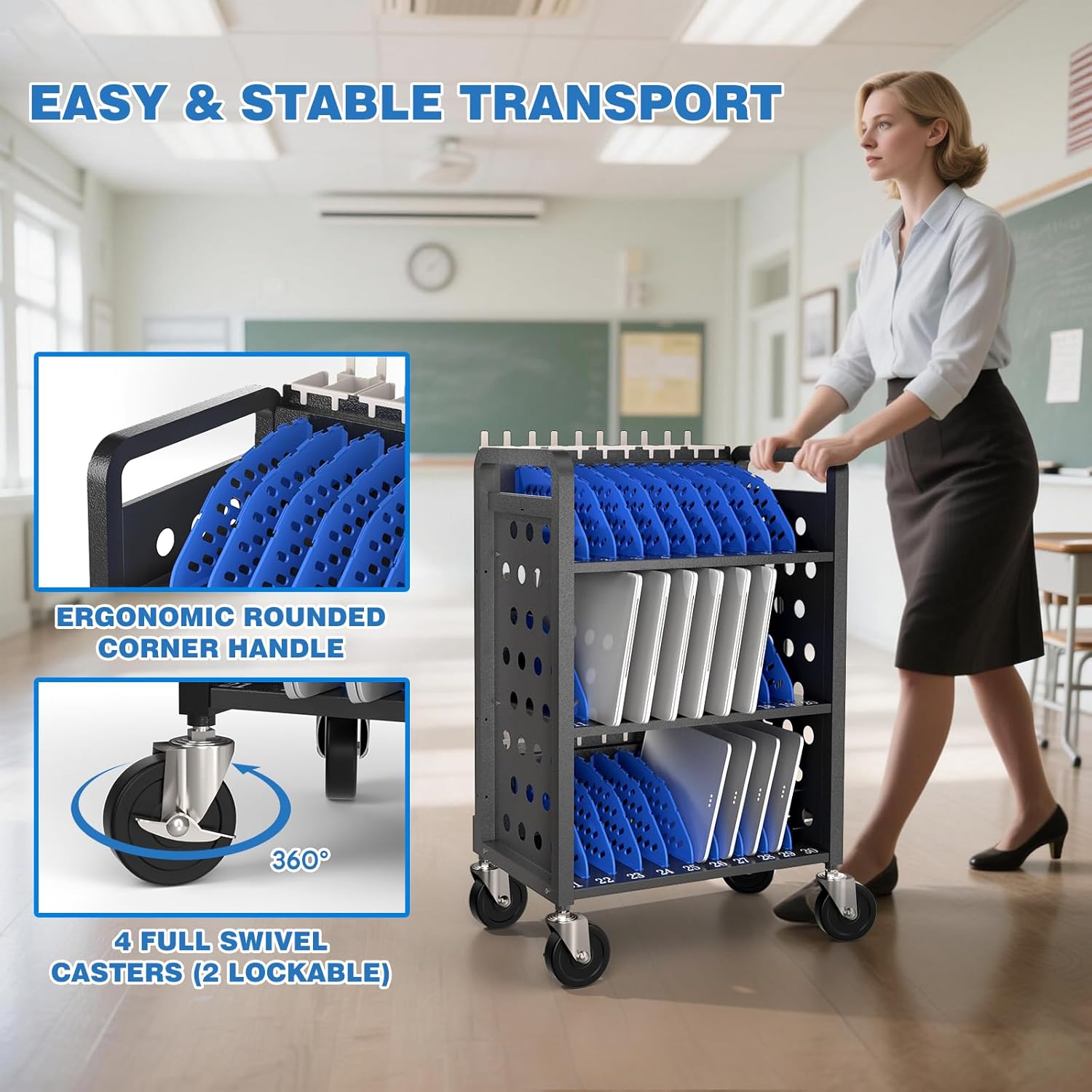 30 Unit Mobile Charging Cart - Open Charging Station Rack for iPad, Chromebooks, Tablets 14inch -  Tablet Organizer Station for Classroom - Laptop Storage Cart with Cable and Charger Organization