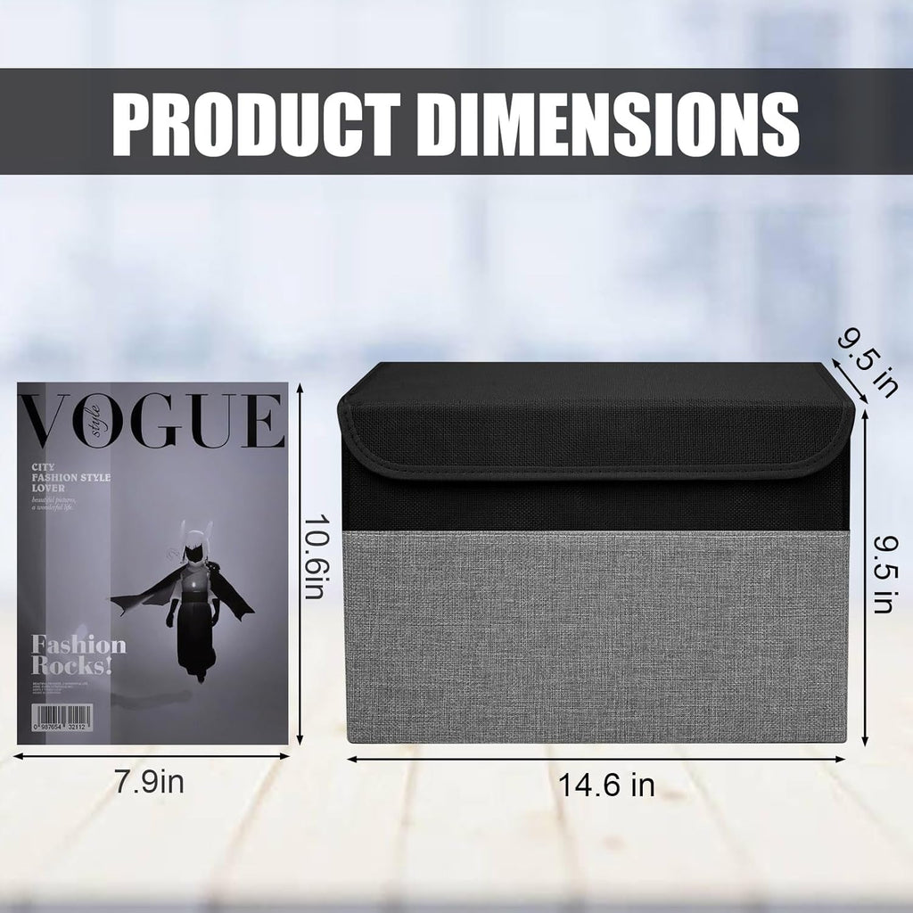 Large 22 Quart Linen Fabric Foldable Storage Bin Cube Organizer Basket with Flip-Top Lid & Handles, Clothes Blanket Box for Home, Office, Closet, Black & Gray, 4 Pack 14.6 x 9.5 x 9.5