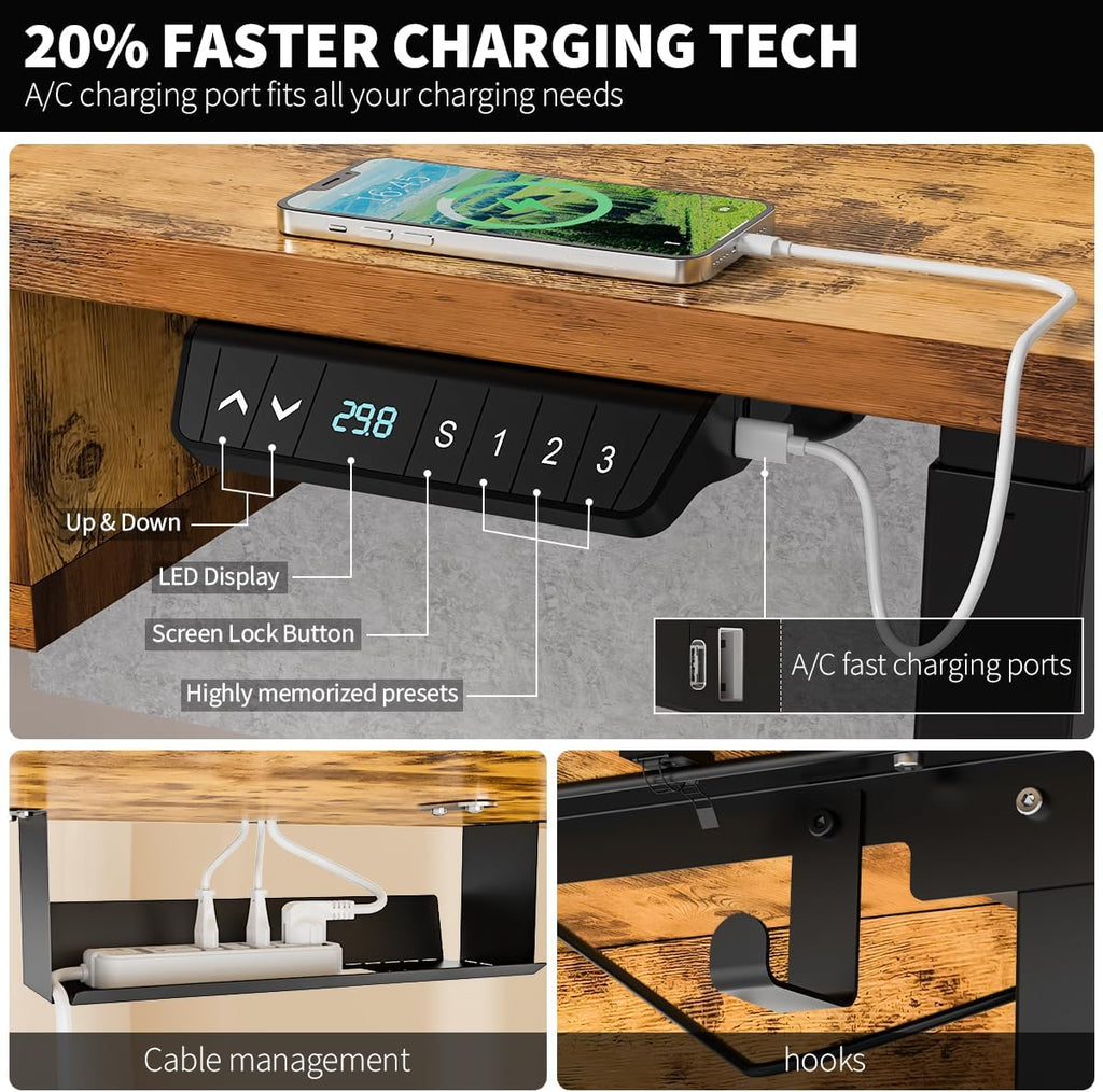 Standing Desk with Fast Charging USB Ports, 55" x 30" Height Adjustable Home Office & Gaming Desk, Sit Stand Desk with Built-in Storage Shelf, Hook & Ergonomic Design(Rustic Brown)