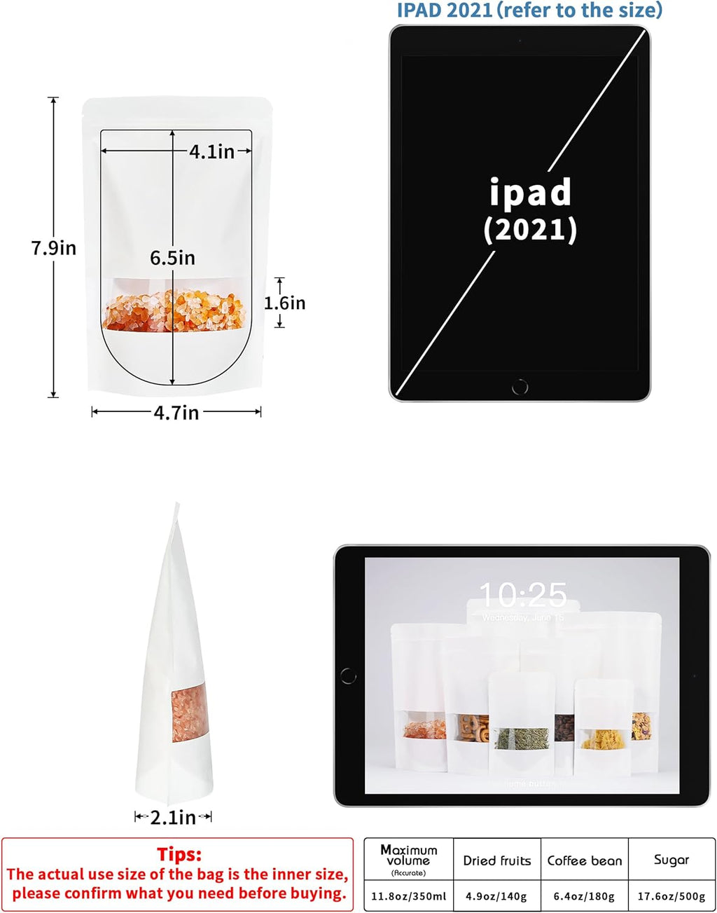 FireKylin 100 Pcs White Paper Bags with Window, 4.7/inch x 7.9/inch Stand Up Pouches Bag, Zipper Food Storage Bags for Packaging Products, Reusable, Sealable