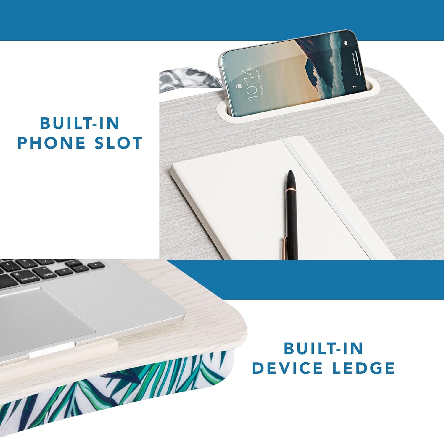 LAPGEAR Designer Lap Desk with Phone Holder and Device Ledge - Tropical Palm Leaves - Fits up to 15.6 Inch Laptops - Style No. 45427