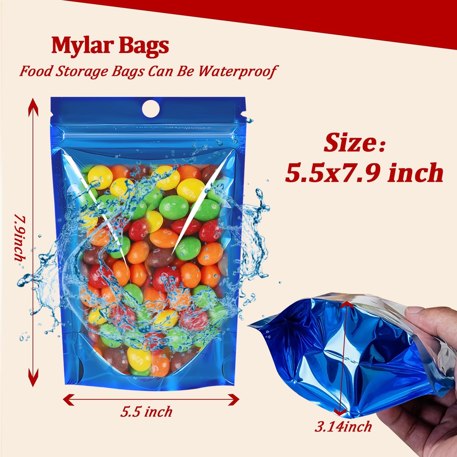100 PCS Smell Proof Mylar Bags, Resealable Packaging Sealable Bags Stand Up Aluminum Foil Pouch Bags with Clear Window for Food Storage, Jewelry,Cookie,Small Business Packaging (Blue, 5.5x7.9 Inch)