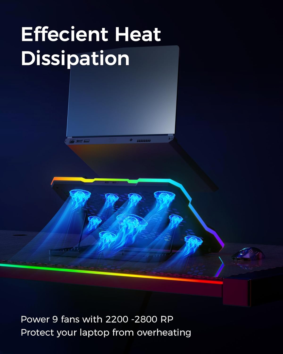 ChillCore Laptop Cooling Pad, RGB Lights Laptop Cooler 9 Fans for 15.6-19.3 Inch Laptops, Gaming Laptop Fan Cooling Pad with 8 Height Stands, 2 USB Ports - A21 Blue