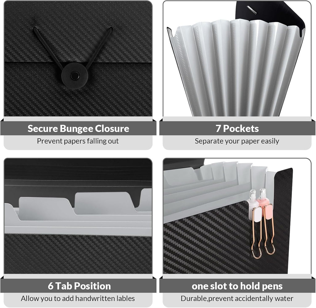 SKYDUE Expanding File Folder with 7 Pockets, Accordion File Organizer, Folders for Documents,Portable Receipt Paper Organizer,Letter Size Filing Folder School Office Supplies,Black