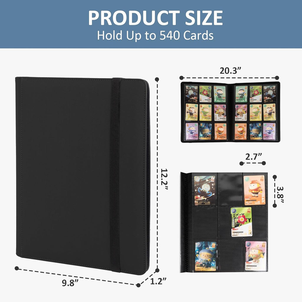 Trading Card Binder 9 Pocket, Fvxldcz PU Cover Card Collection Binder 540 Cards Sleek Side-Loading Card Album, Sturdy Card Collection Folder for TCG, MTG, Yugioh, Sport Cards (Black-2)