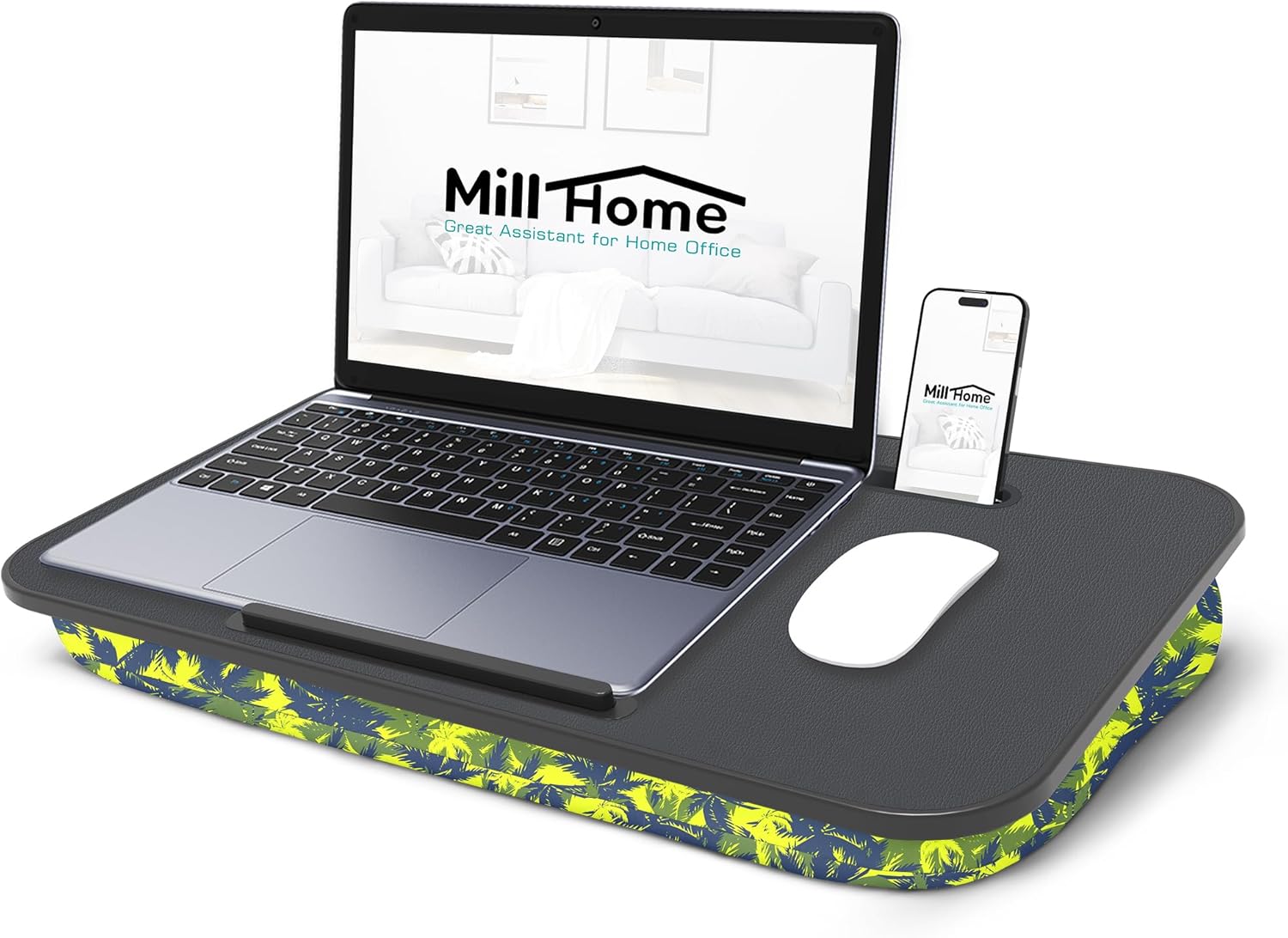 Millhome Lap Desk | Portable Laptop Desk – Fits Up to 17.3" Laptops – Detachable & Washable Cushion, Phone Holder, Device Ledge – for Writing, Working, Reading on Bed, Couch, Sofa, Floor – Green Palm