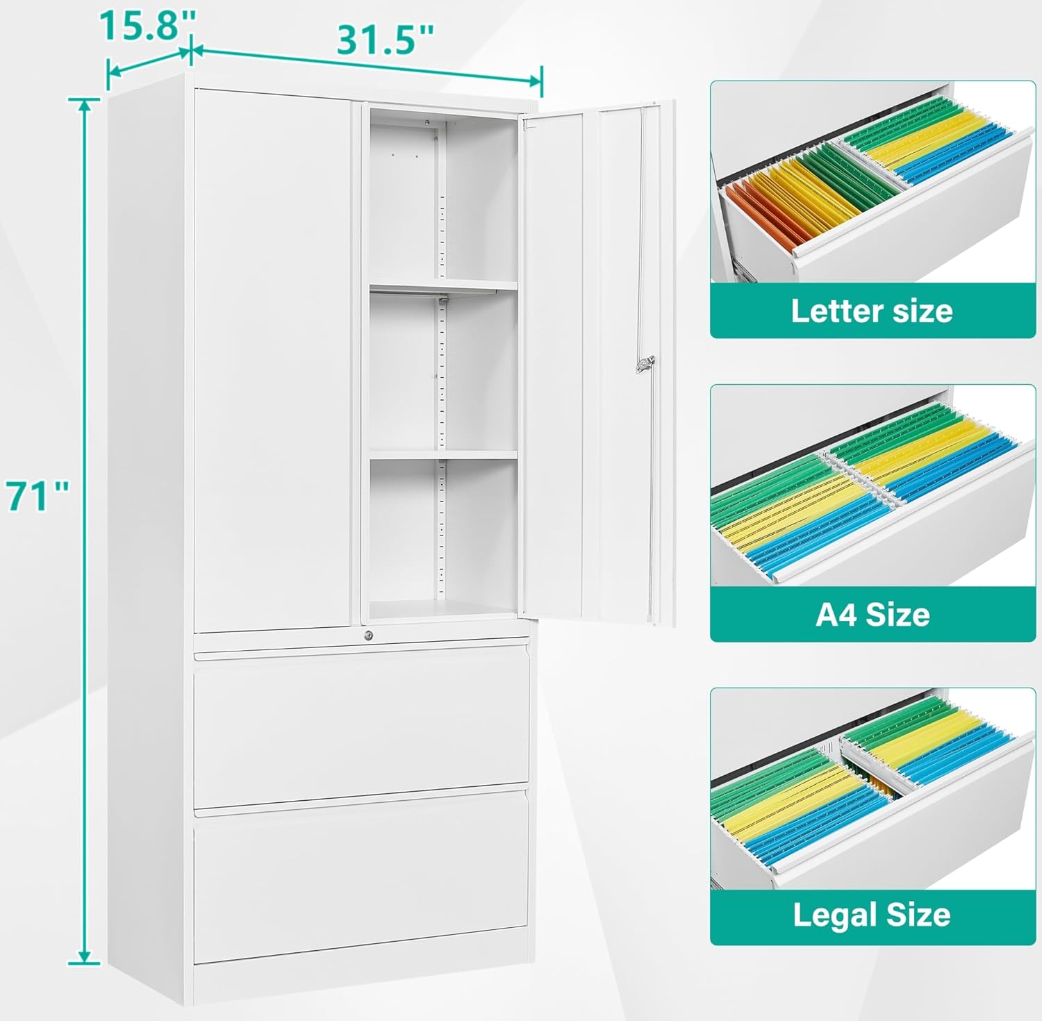 SISESOL 2 Drawer Lateral File Cabinet with Lock and Shelf,71" White Filing Storage Cabinet with Doors,Locking Metal Storage Cabinets with Drawers for Home,Office,Garage,School,Fit A4/Letter/Legal File