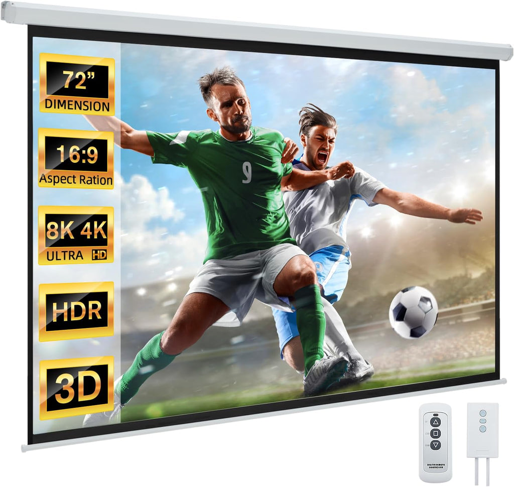 YODOLLA 72" Projector Screen Motorized 16:9, 4K HD Pull Down Retractable Projection Screens Electric Automatic Wall Ceiling Movie Screen for Office Classroom Indoor with Remotes