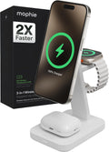 Mophie Snap+ 3-in-1 Wireless Charging Stand - MagSafe & Qi2 Certified, Compatible w/iPhone 17/16/15/14/13/12, Apple Watch, AirPods - Multi-Device Magnetic Charging Station, Eco-Friendly Design, White