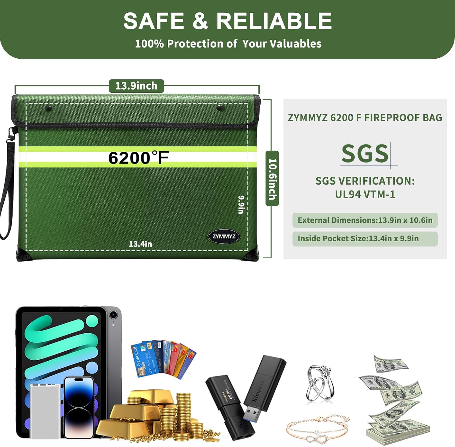 Fireproof Document Bag with Water Resistant Zipper,6200°F Heat Insulated Fire Proof Pouch with Soft Leather Hand Strap,Fire and Waterproof Envelope for Cash,Documents,Jewelry