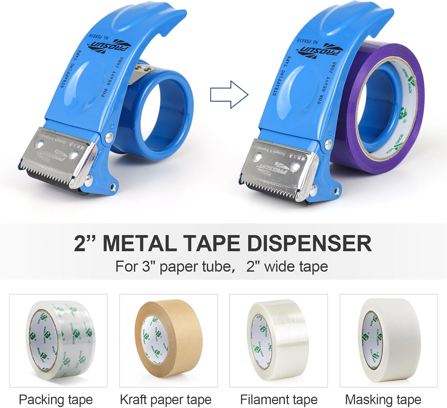 BOMEI PACK Metal Packing Tape Dispenser, 2inch Heavy Duty Handheld Heavy Tape Dispenser, 2Pcs, Blue