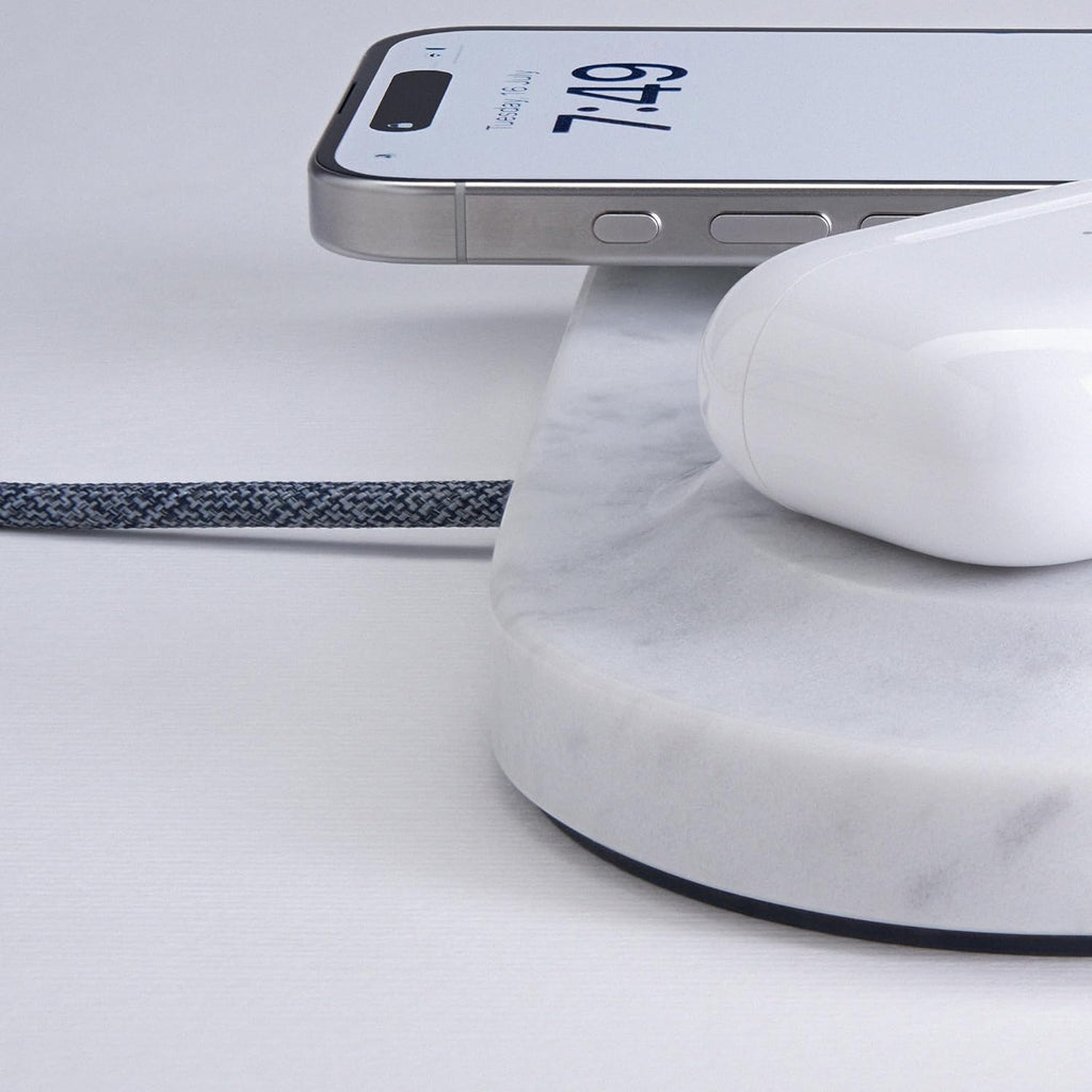Einova Dual Classic Stone – Dual Wireless Charging Pad in Genuine Marble, Designed in Italy, Integrated 6 ft USB-C Cable, Smartphones, Wireless Earbuds, Smartwatches – White Carrara Marble