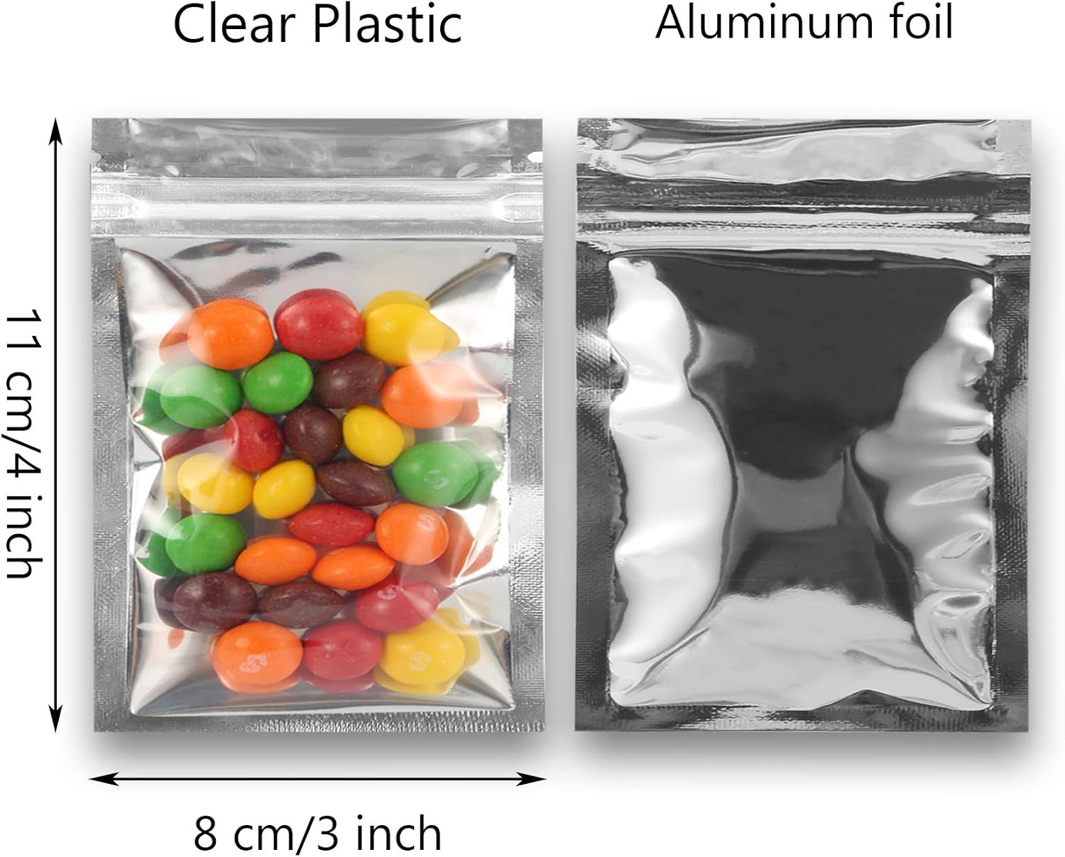 Resealable Mylar Bags | 100 Pcs 3 X 4 Inch | Smell Proof Bag Heat Seal Cute Packaging Foil Food Sealable Small Front Clear Plastic Silver for Storage Candy Beef Jerky Jewerly Product