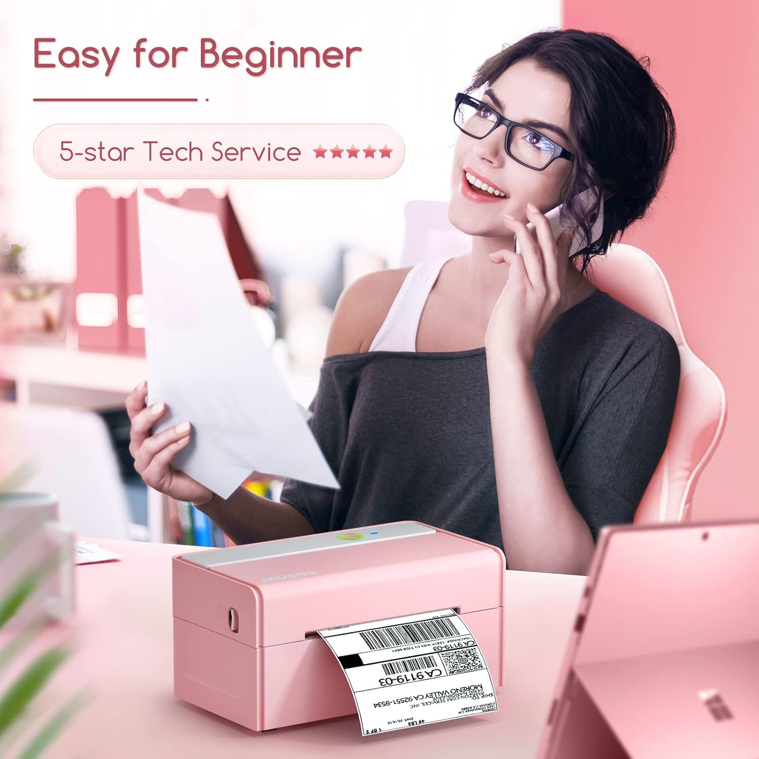 JADENS Bluetooth Thermal Label Printer -Wireless Shipping Label Printer for Small Business & Package, USPS, Etsy, Amazon, Compatible with iPhone, iPad, Mac, Windows, Android, 4x6, Label Maker, Pink
