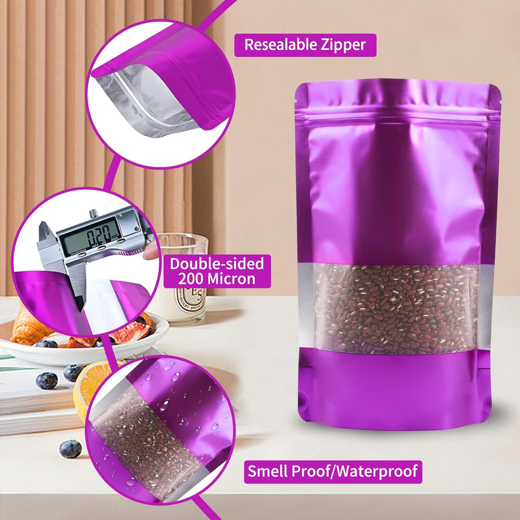 100 Pack Smell Proof Bags, Resealable Purple Mylar Bags with Matte Window, Foil Pouch Stand Up Sealable Bags for Packaging, 3.93 × 5.9 Inch