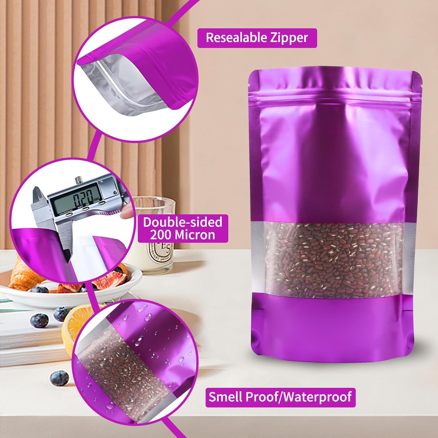 100 Pack Smell Proof Bags, Resealable Purple Mylar Bags with Matte Window, Foil Pouch Stand Up Sealable Bags for Packaging, 5.9 × 8.66 Inch
