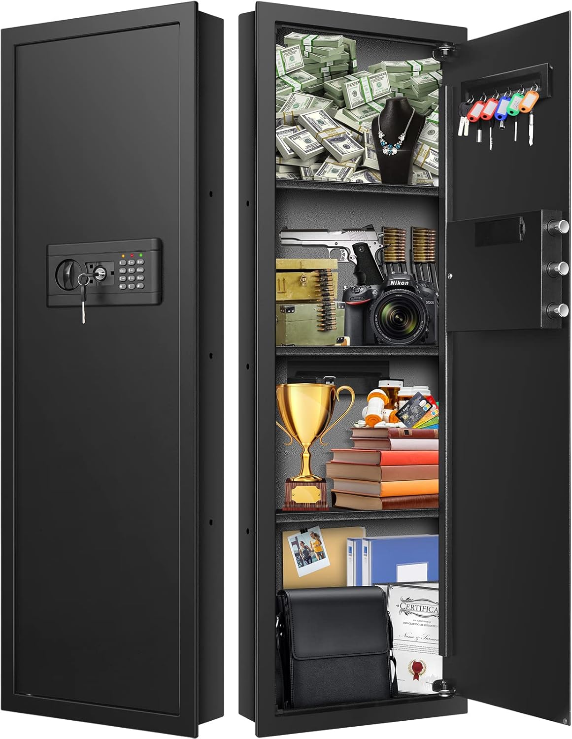 43.5" Tall Fireproof Wall Safe Between Stud, Heavy Duty Flush In Wall Safe With Digital Keypad & Removable Shelf, Hidden Gun Safe, Security Home Wall Safes For Storage Firearms Money Medicine