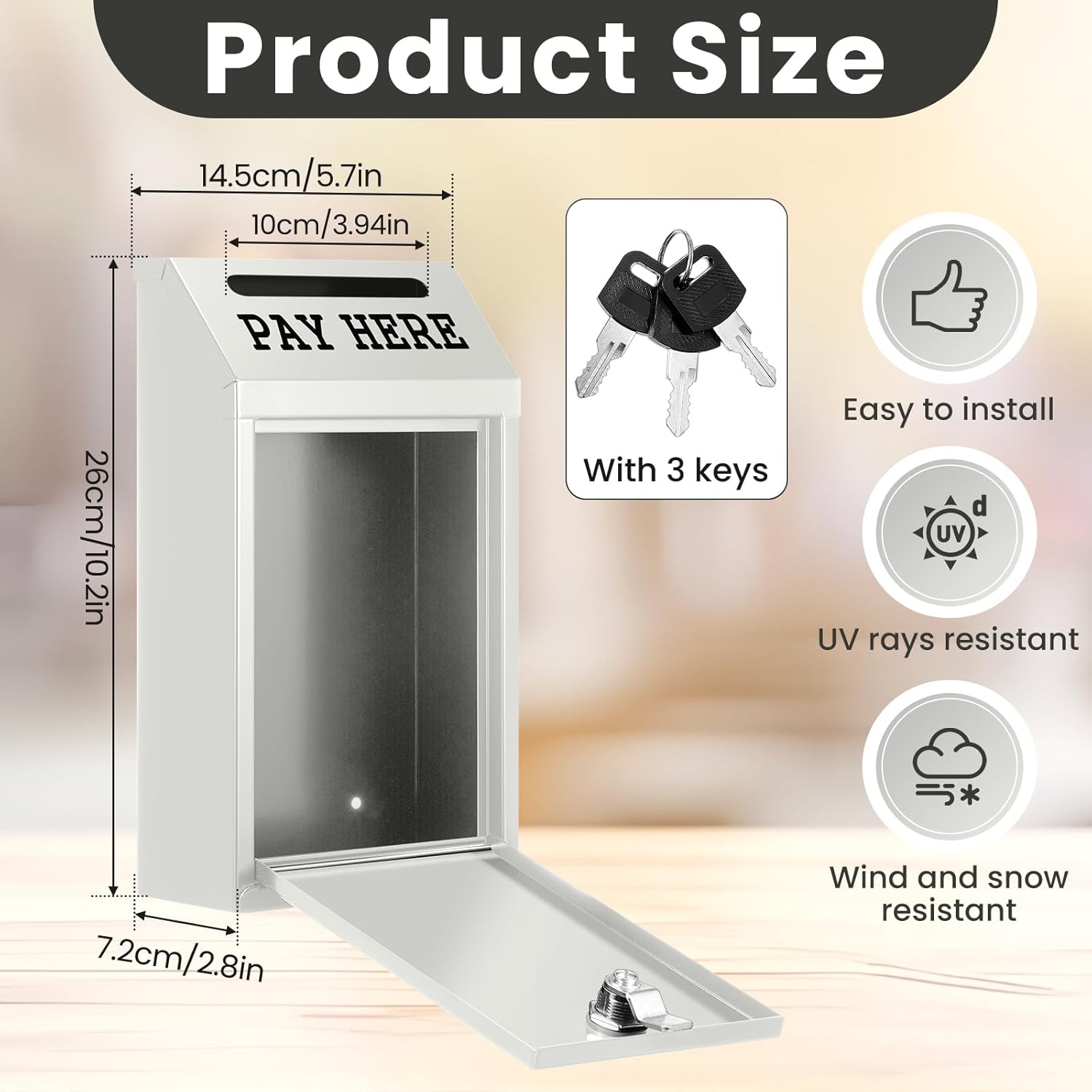 Safe Cash Box Money Collection Metal Donation Box with Lock Wall Mount Pre Drilled Mailbox Delivery Ballot for Home Office Outdoor Self Serve Stand(White,10.2 x 5.7 x 2.8 Inch)
